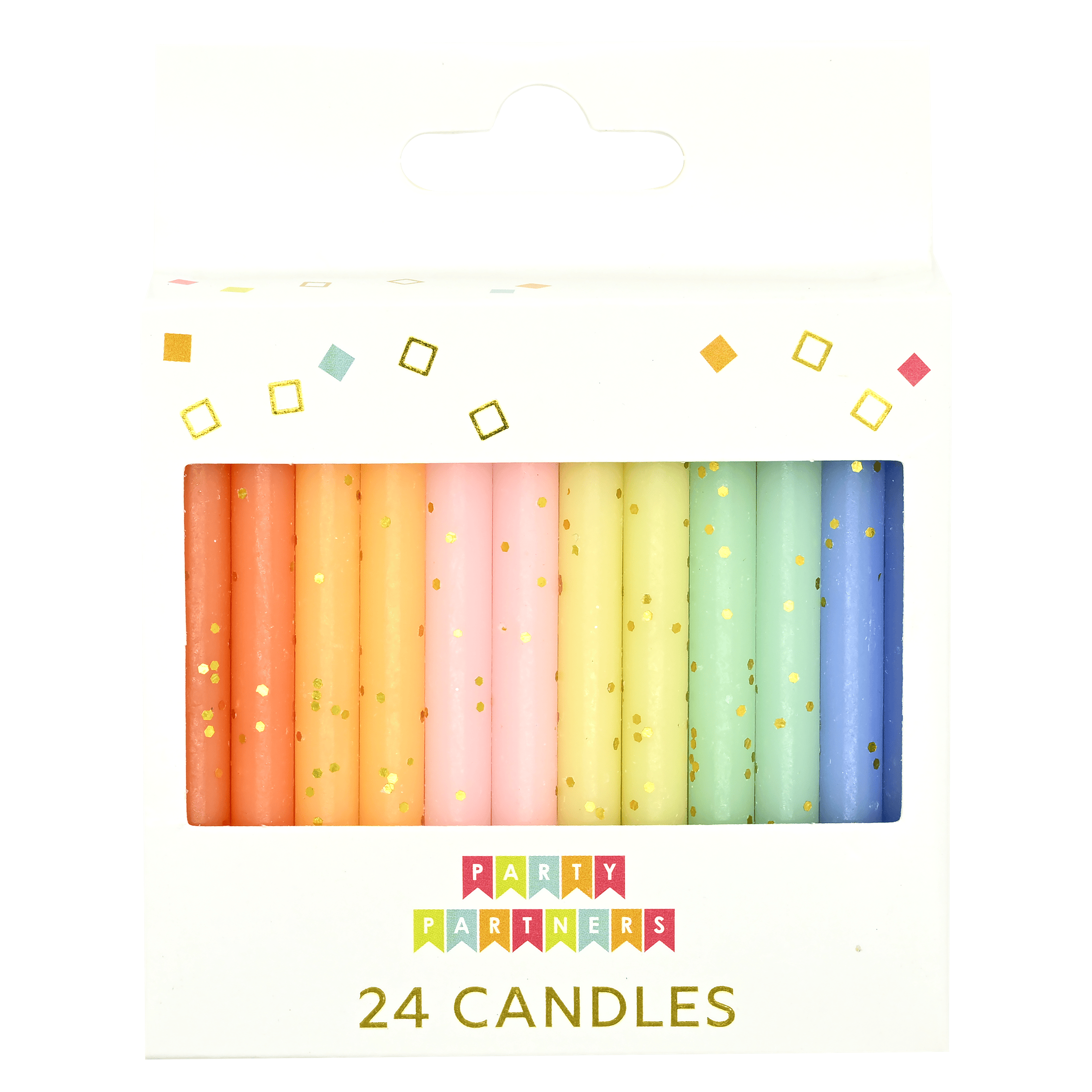 Set of rainbow glitter candles from Pictura, featuring 24 colorful decorative candles arranged together.